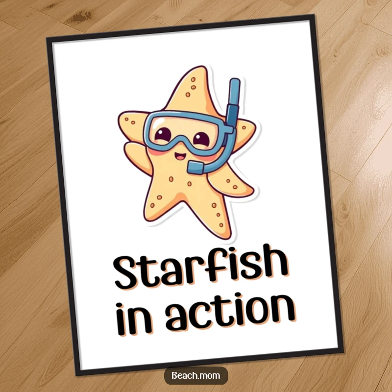 Funny digital art print of a playful starfish wearing a tiny snorkel, dipping its arm, for underwater decor.