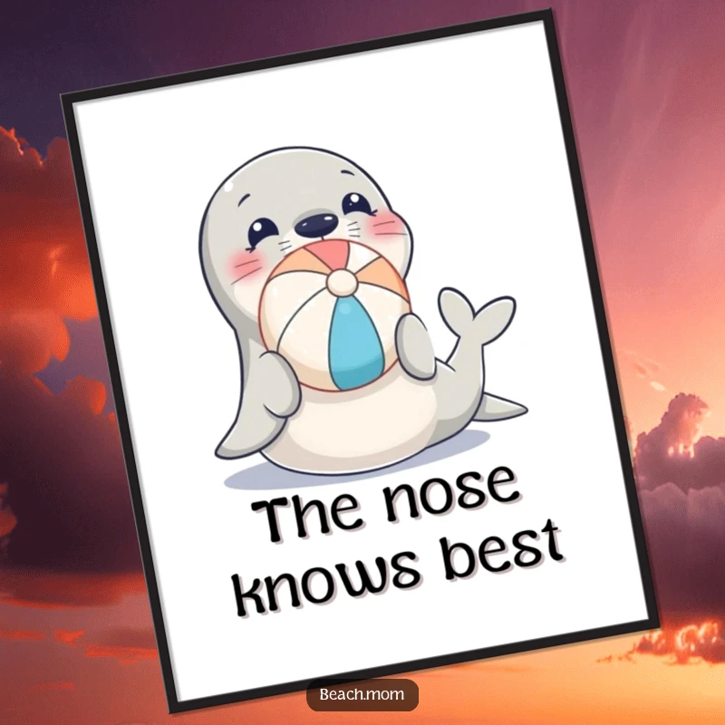 Funny digital art of a happy seal balancing a beach ball on its nose, ready to be printed and framed.