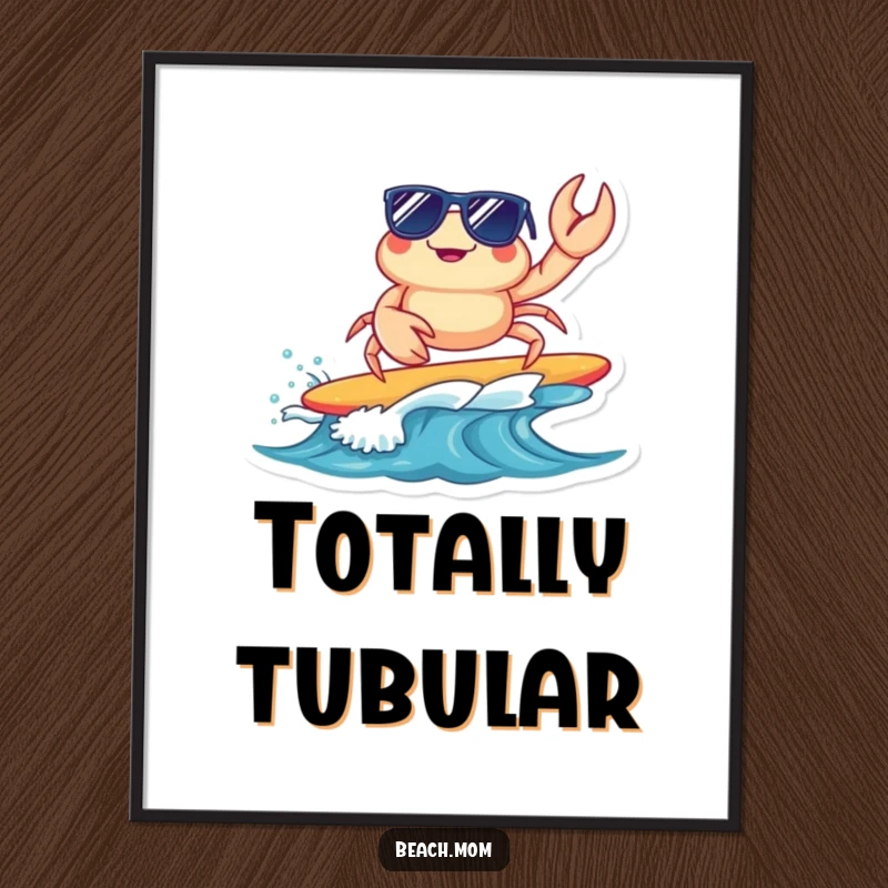 Funny surfing crab digital art print with a cool crab in sunglasses riding a wave, ideal for instant download and beach-themed decor, a humorous piece.