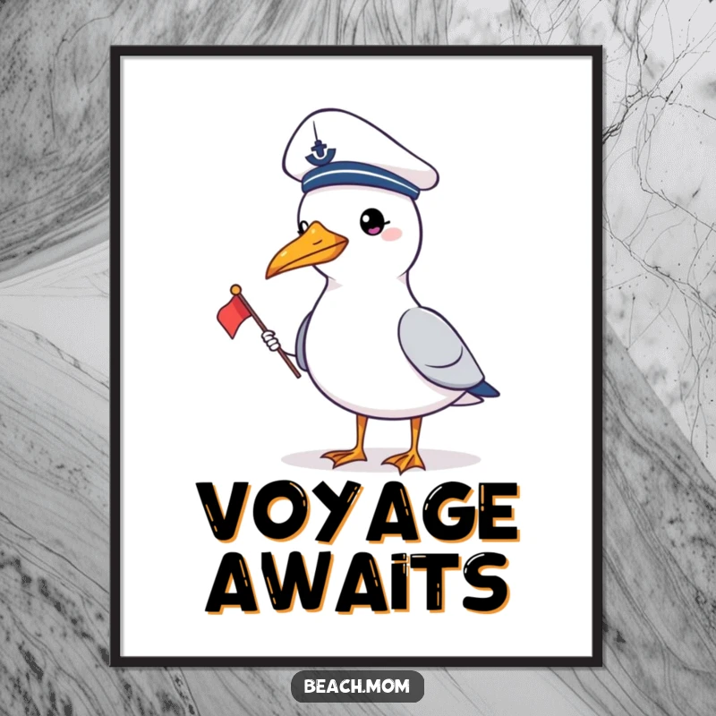 Funny gull wearing a sailor hat and holding a flag, presented as a humorous nautical digital art print.