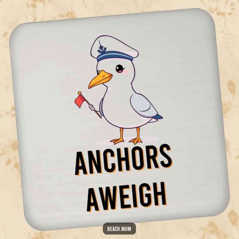 Funny gull in a sailor hat holding a flag, designed for humorous and protective drink coasters for any table.