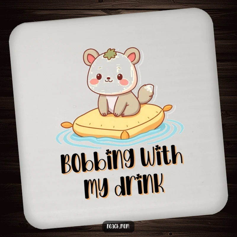 Funny coaster: A content animal character happily bobs on a raft, protecting your furniture with a smile.