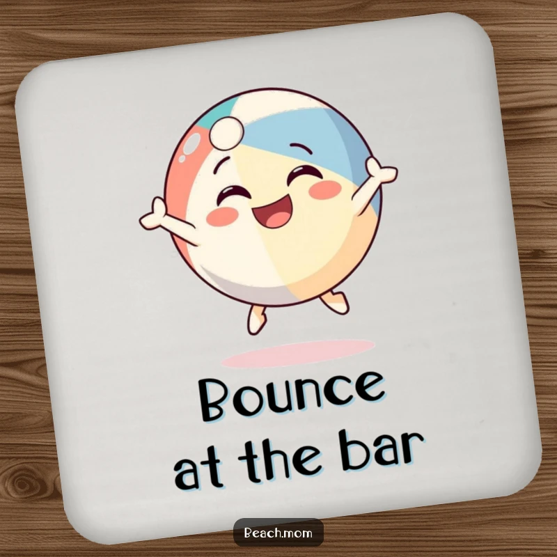 Funny beach ball character coaster, illustrated bouncing with a grin, protecting surfaces with a touch of summer humor.