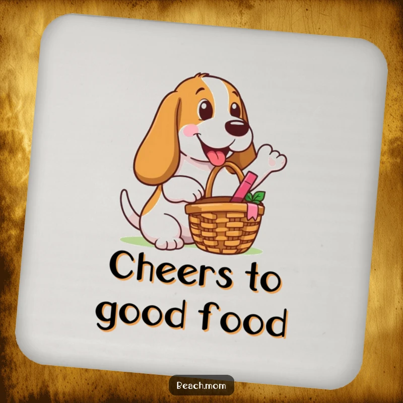 Funny Basset Hound coaster featuring a dog with a picnic basket, offering a happy gesture, perfect for protecting surfaces.
