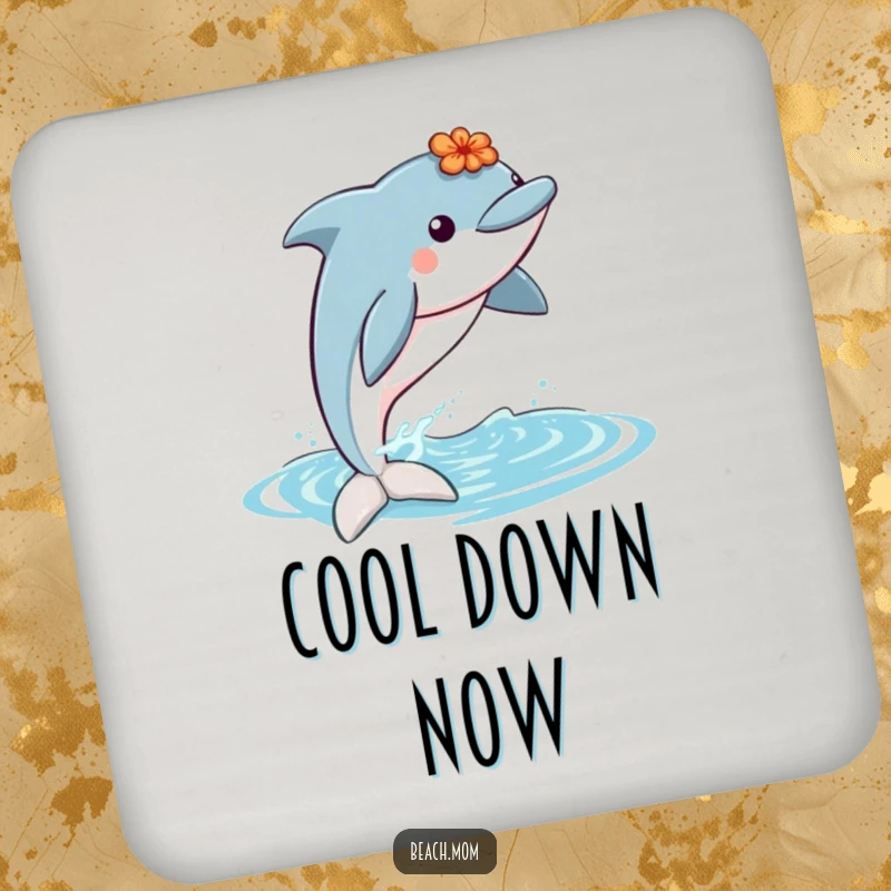 Funny dolphin wearing a lei jumping out of water, designed for humorous and protective drink coasters for any table.