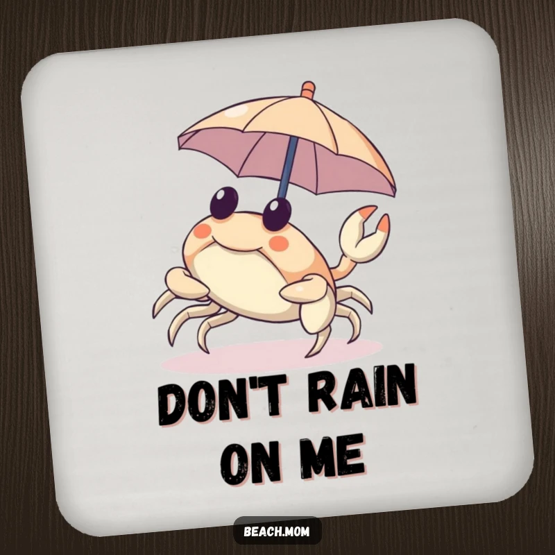 Funny coaster featuring a crab scuttling sideways with a tiny umbrella, ideal for drink protection.