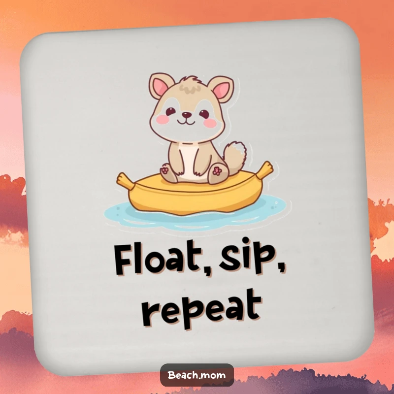 Funny animal character bobbing happily on a raft, symbolizing peace and relaxation, perfect for drink coasters.