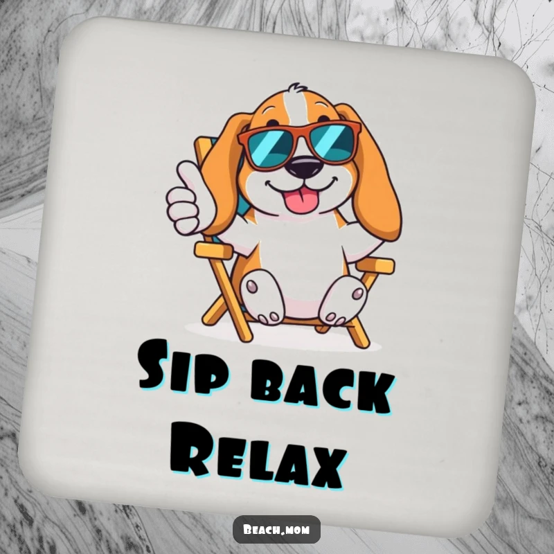 Funny Basset Hound coasters showing a dog in sunglasses giving a thumbs up from a beach chair, protecting surfaces with cool canine charm.