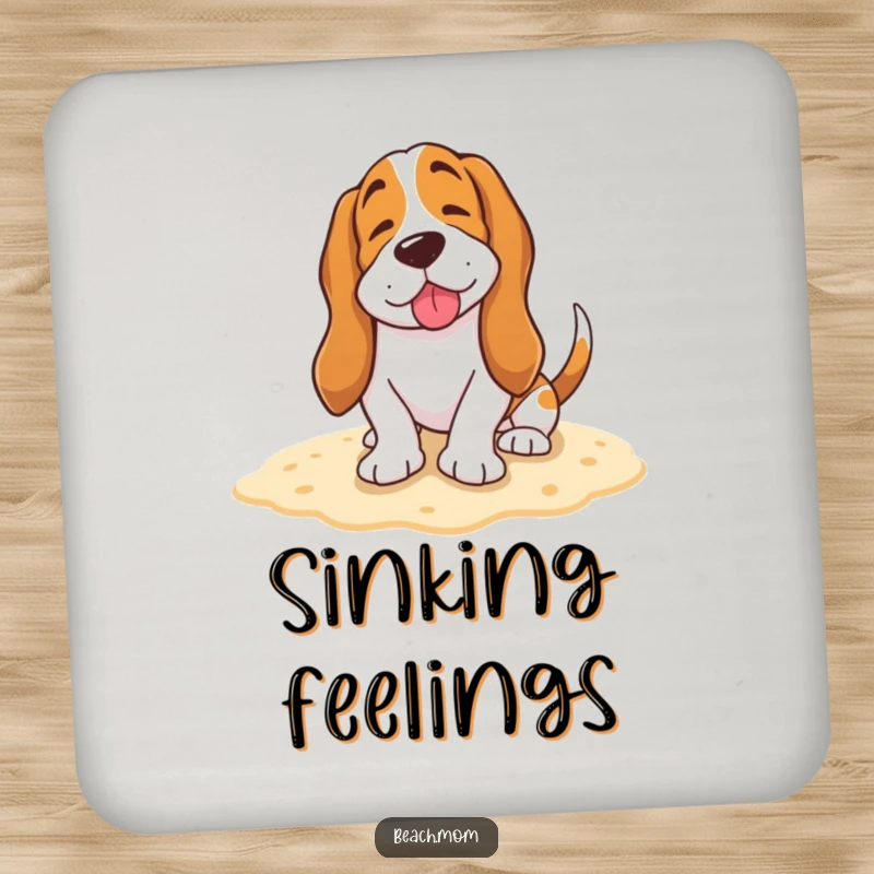 Funny Basset Hound coasters featuring a happy dog burying its tail in the sand with a contented sigh, protecting surfaces with calm.