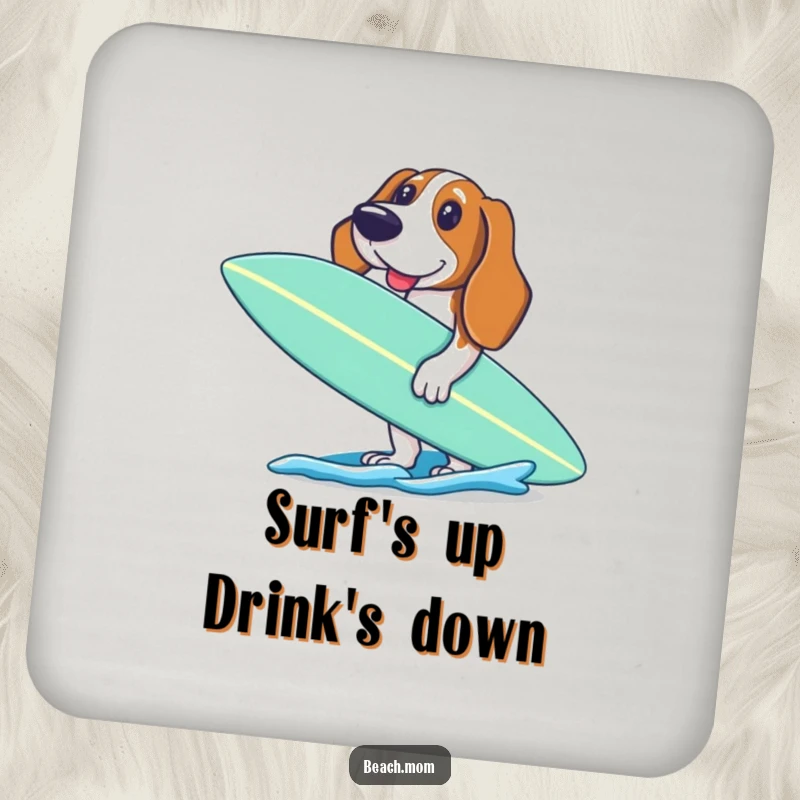Funny Basset Hound coasters featuring an excited dog holding a surfboard, ready to paddle, protecting surfaces with surf charm.