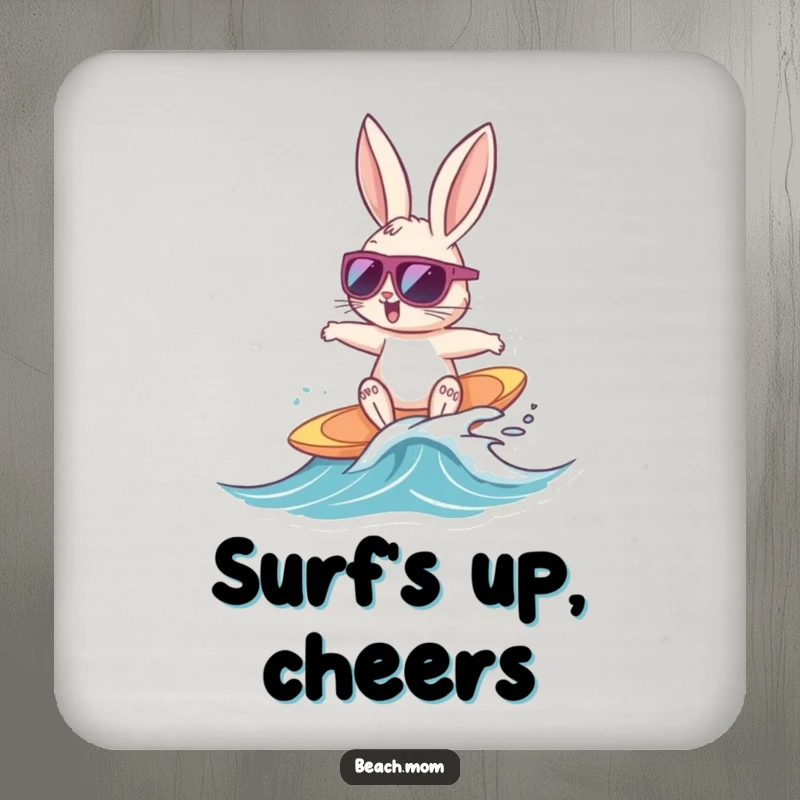 Funny Bunny Surfer coaster featuring a cool bunny with sunglasses surfing a tiny wave, protecting surfaces with radical beach humor.