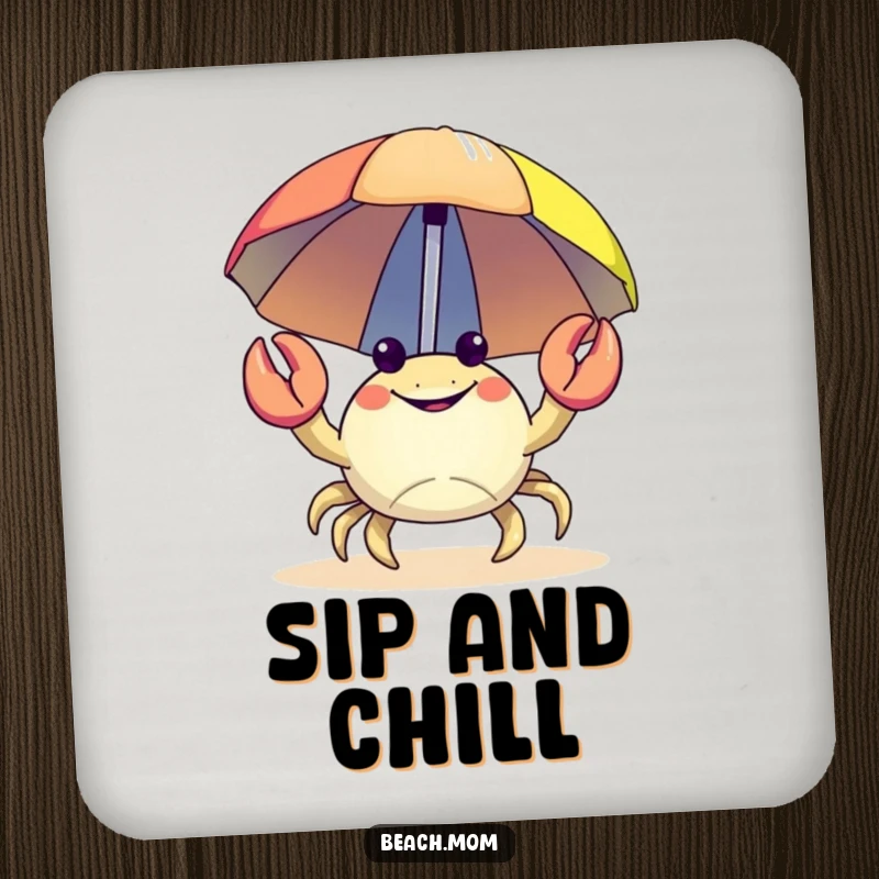 Funny Crab Coasters: A happy crab carrying a colorful beach umbrella, protecting surfaces.