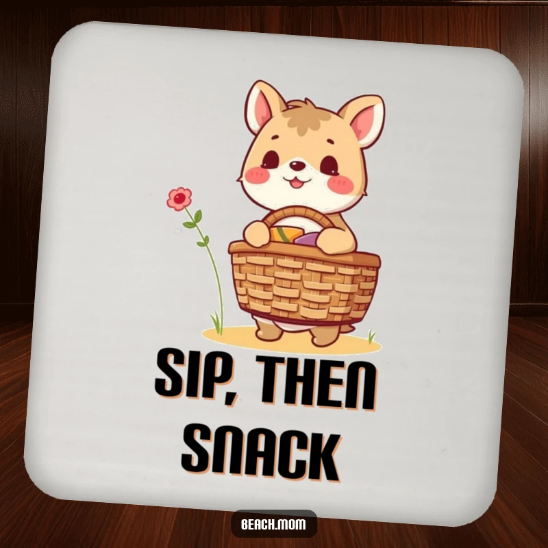 Funny excited animal character packing a picnic basket, adding a touch of joy to any table setting, coaster art.
