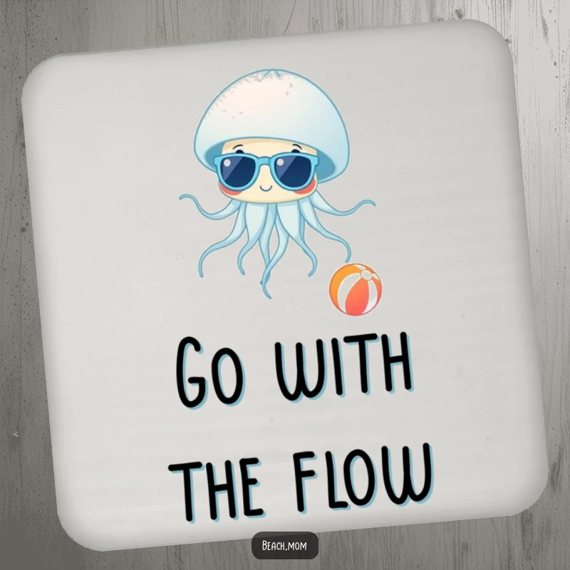 Funny Jellyfish Shades Coasters: Set of coasters with a jellyfish in sunglasses near a beach ball, offering funny beach protection.