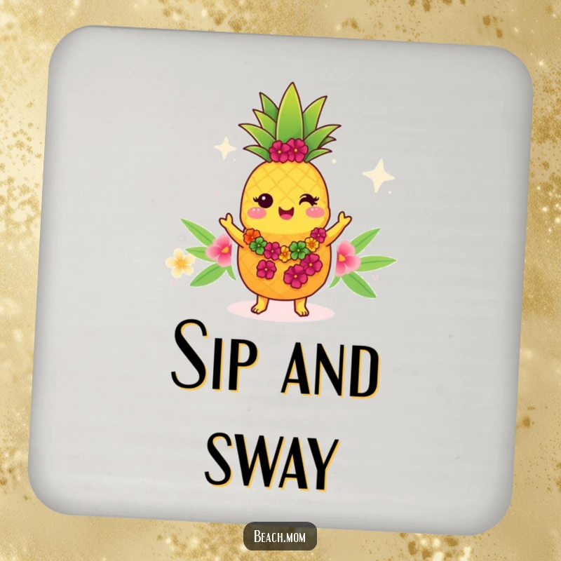 Funny Kawaii pineapple coaster, cute cartoon character wearing a lei, doing a hula dance, protecting surfaces.