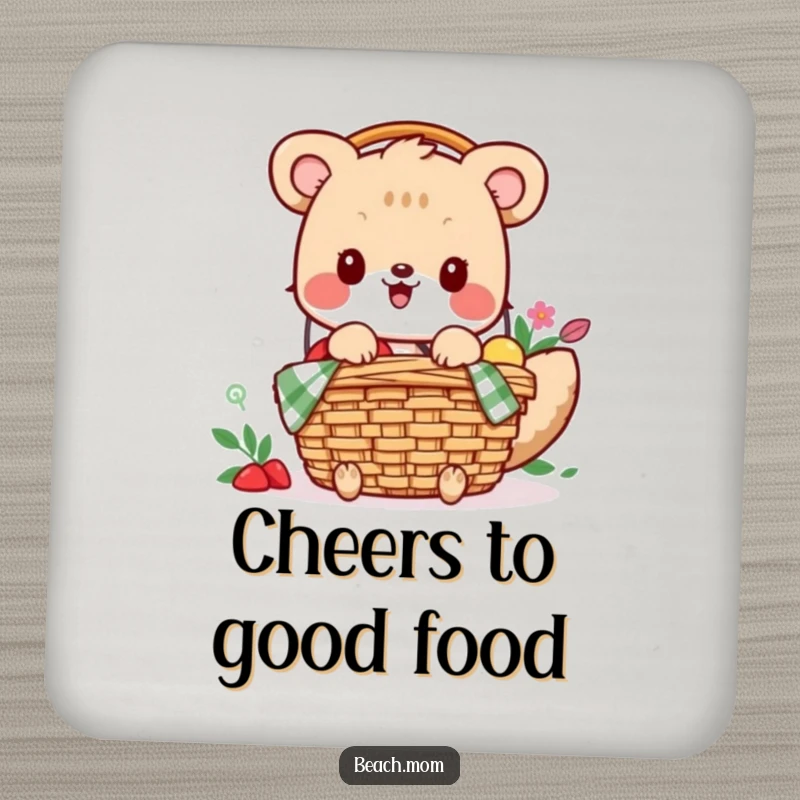 Funny coaster: An excited animal character is depicted packing a picnic basket, adding a fun touch to drink service.