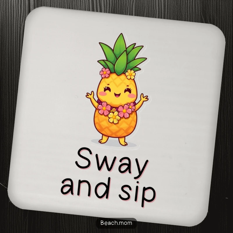 Funny pineapple hula drink coasters featuring a cute pineapple character dancing, protecting surfaces with tropical charm.