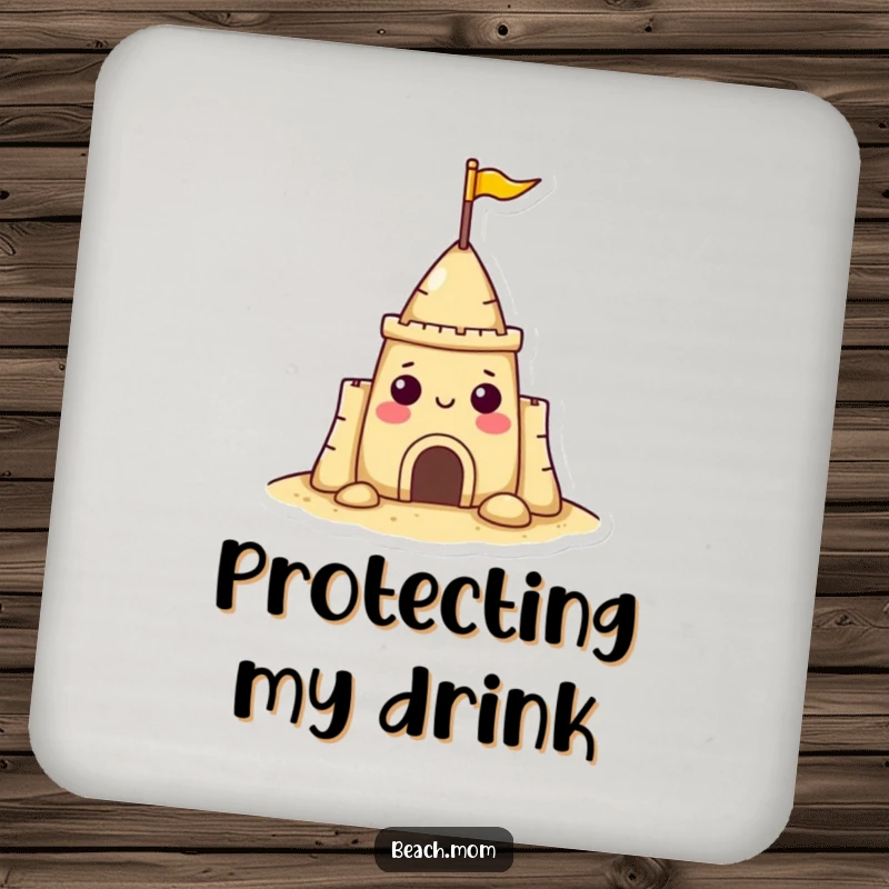 Funny sandcastle character coaster with a tiny flag, looking cheerful and protecting drinks, a small piece of beach humor.