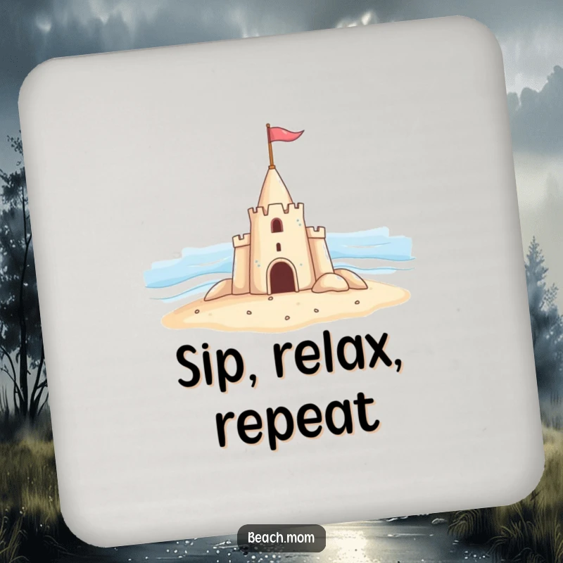 Funny drink coaster with a cheerful sandcastle waving a flag at the ocean, protecting surfaces with beachy humor.