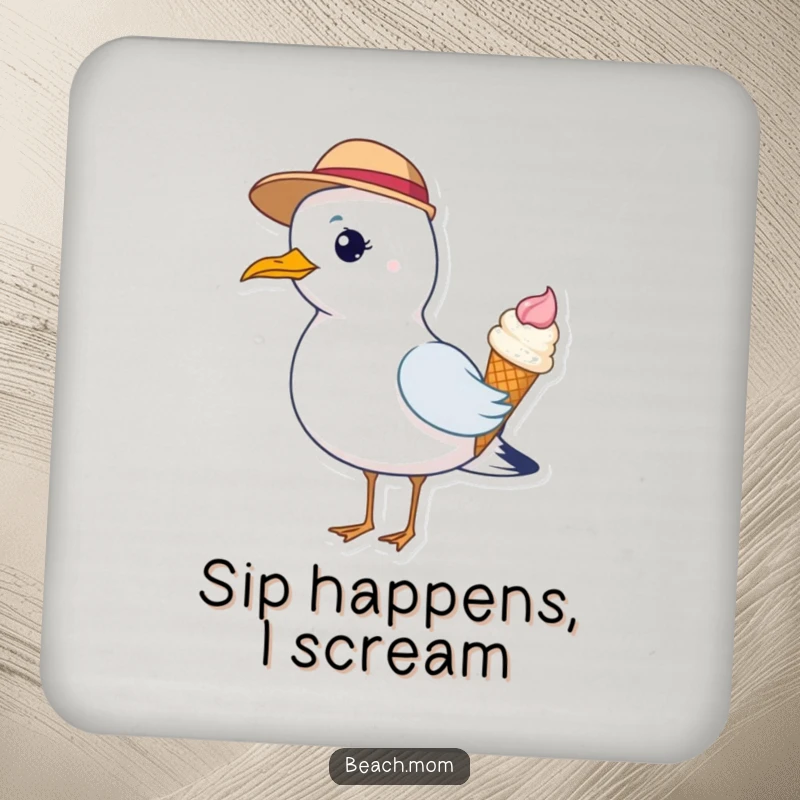 Funny coaster featuring a seagull in a hat holding an ice cream cone, ideal for protecting tables.