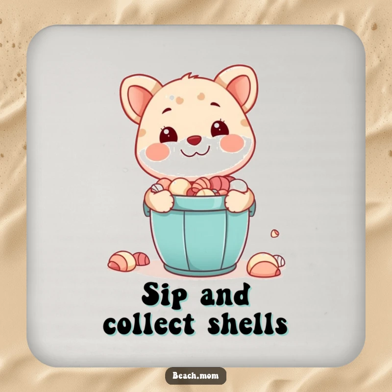 Funny coaster: A smiling animal character holds a bucket overflowing with seashells, protecting your furniture with beachy flair.