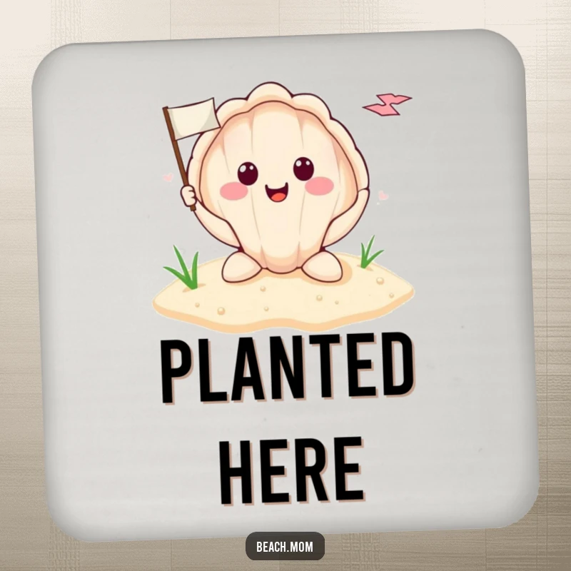 Funny smiling seashell holding a tiny flag planted in the sand, depicted on a round drink coaster, bringing playful beach vibes.