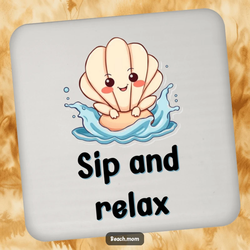 Funny Seashell Drink Coaster showcasing a smiling seashell character splashing playfully in ocean waves, adding coastal charm.