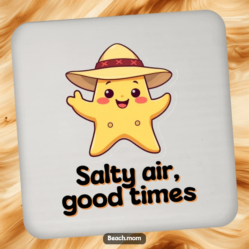 Funny Starfish Coasters: A smiling starfish wearing a sun hat, waving, protecting surfaces.