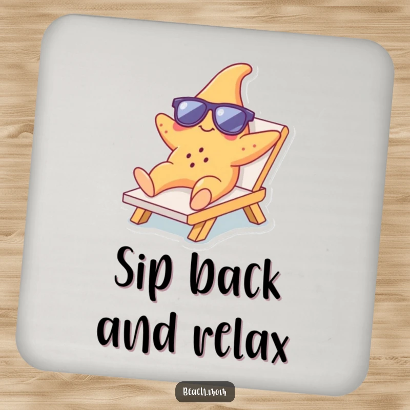 Funny Starfish Lounger Coasters: Set of coasters with a funny starfish relaxing in sunglasses, protecting surfaces with beachy charm.
