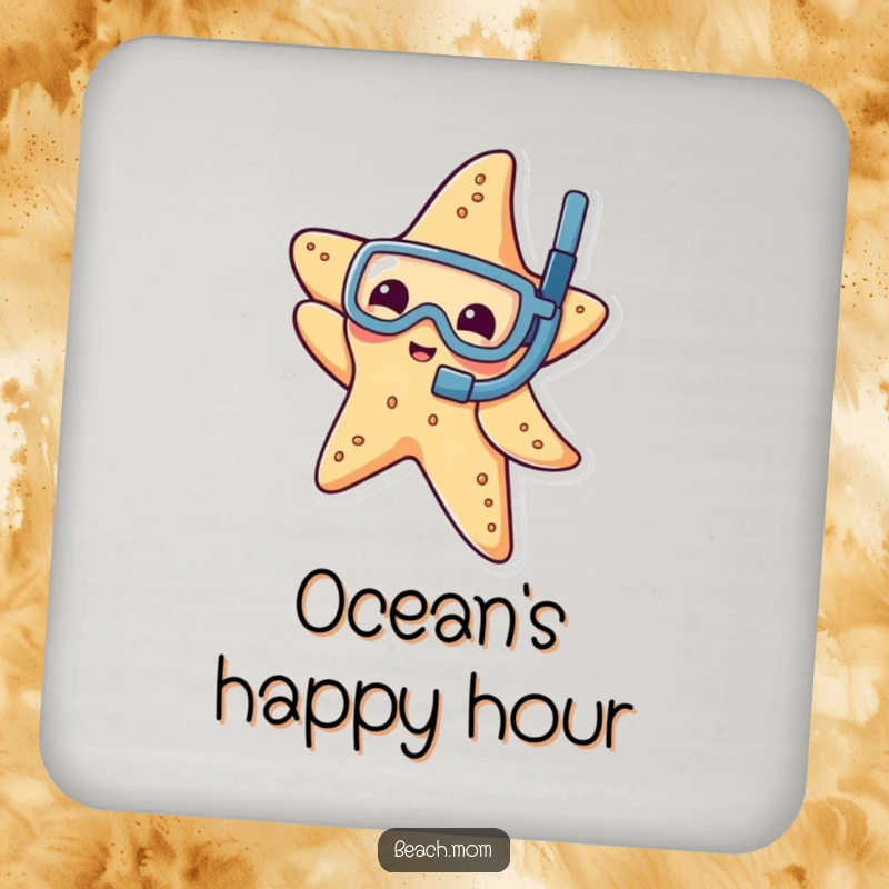 Funny drink coaster featuring a playful starfish wearing a tiny snorkel, dipping its arm, for stylish protection.
