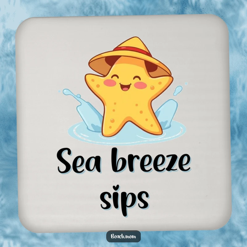 Funny starfish coaster featuring a cheerful character in a sunhat splashing water, offering humorous ocean vibes for surface protection.