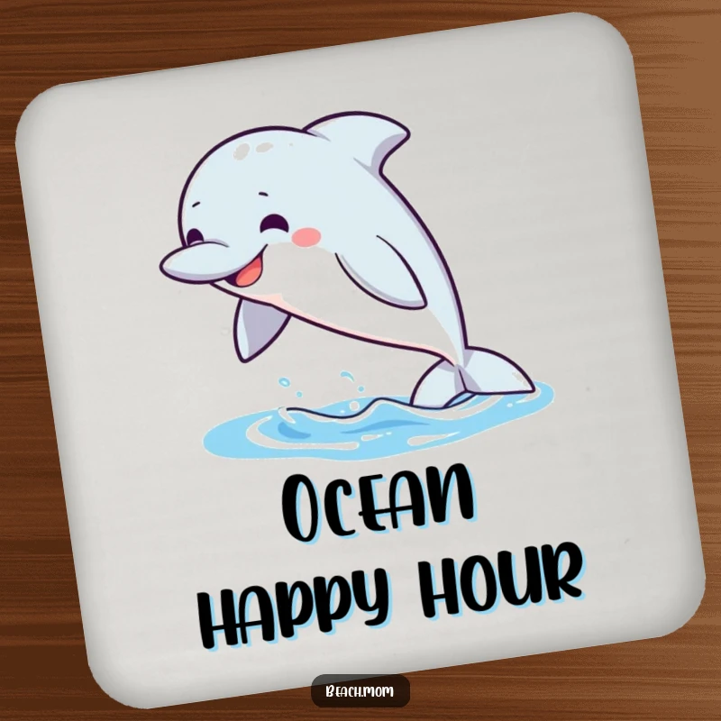 Funny Dolphin Coasters: A dolphin leaps from water with a grin, protecting surfaces humorously.