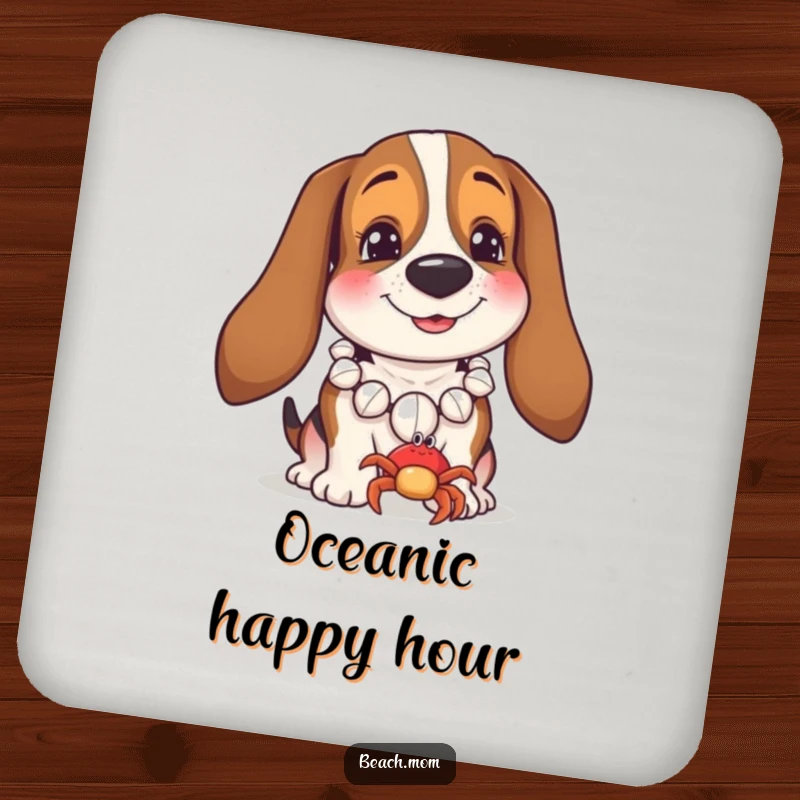 Funny Basset Hound coasters featuring a dog in a seashell necklace smiling at a tiny crab, adding coastal humor to any table.