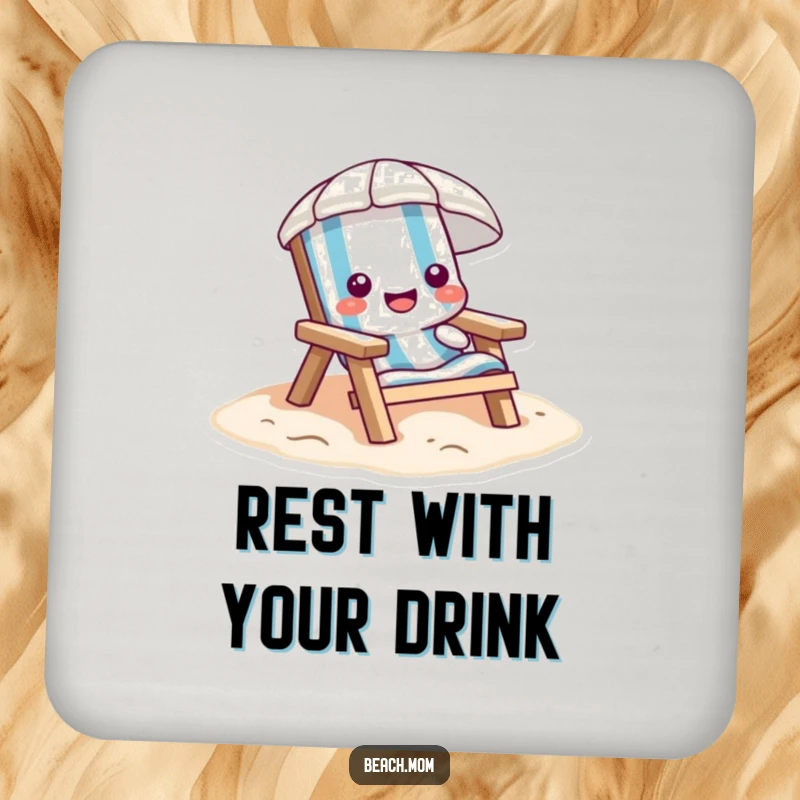 Funny beach chair coaster, cartoon character sinking into soft sand, protecting surfaces with a relaxed vibe.