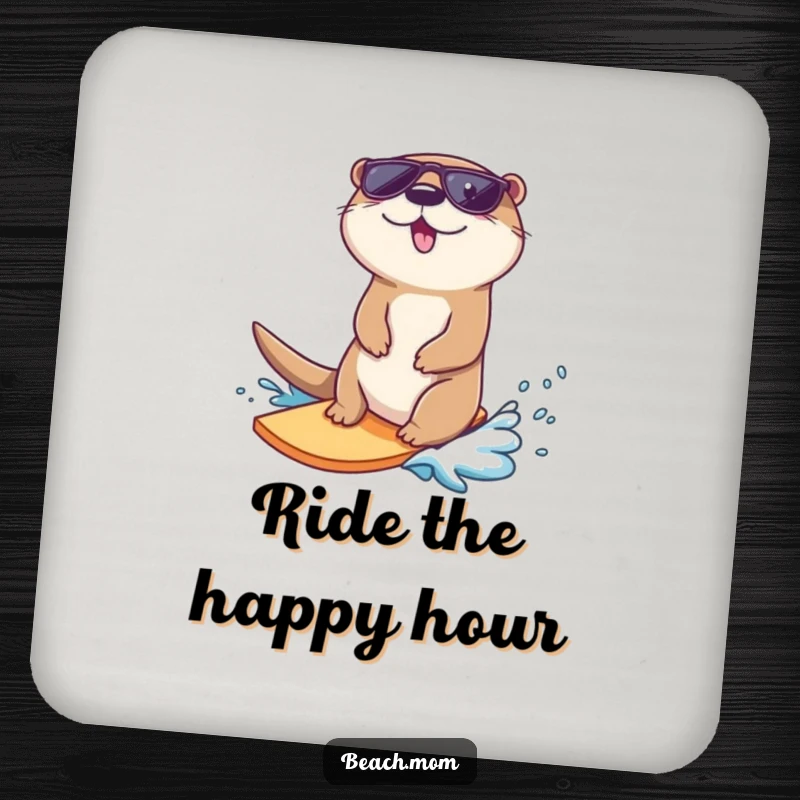 Funny otter coaster, art of a cool otter in sunglasses surfing a wave, for stylish surface protection.