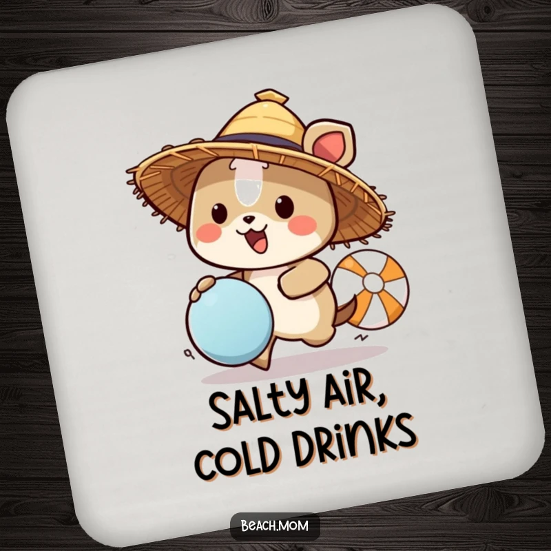 Funny animal character in a straw hat chasing a beach ball, designed as a drink coaster, offering humorous protection with a beachy theme.