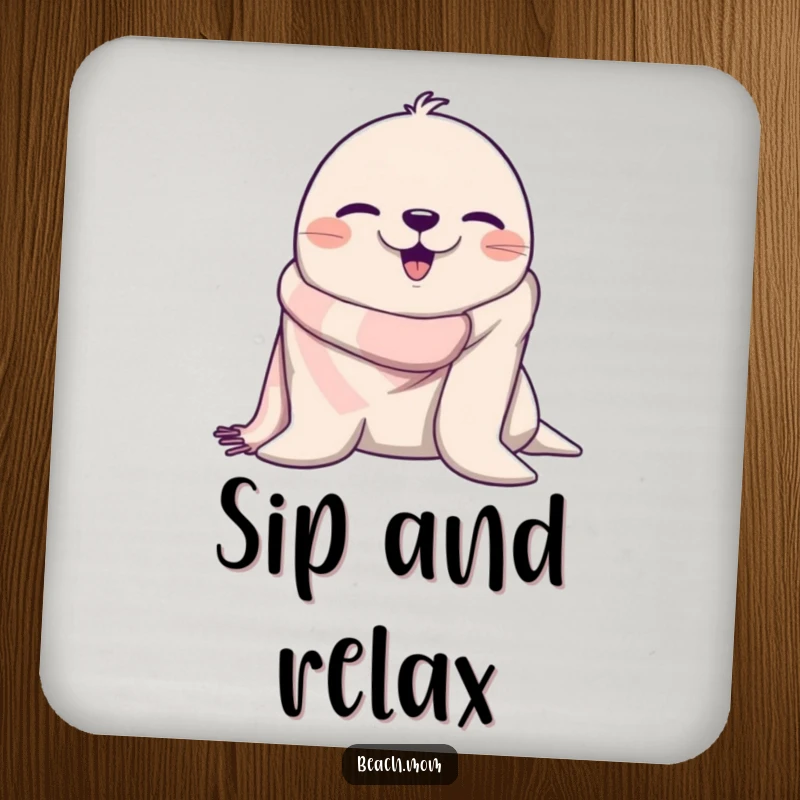 Funny seal with a beach towel winking, designed for humorous and protective drink coasters for any table.
