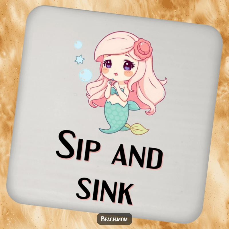 Funny drink coaster featuring a happy mermaid with shell accessories blowing bubbles, protecting surfaces with charm.