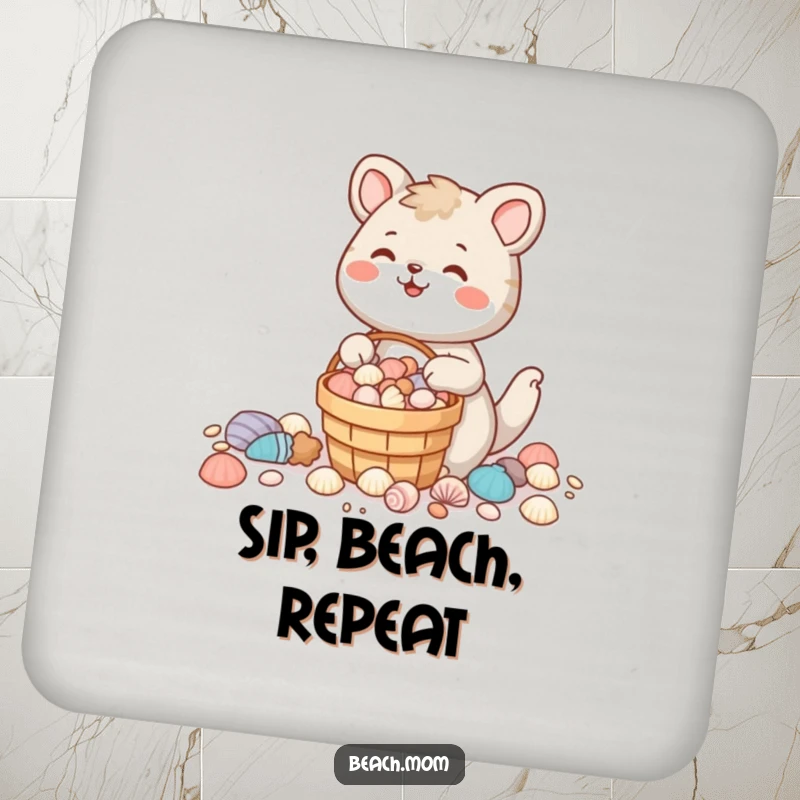 Funny animal character with a full bucket of seashells, smiling, perfect for drink coasters.