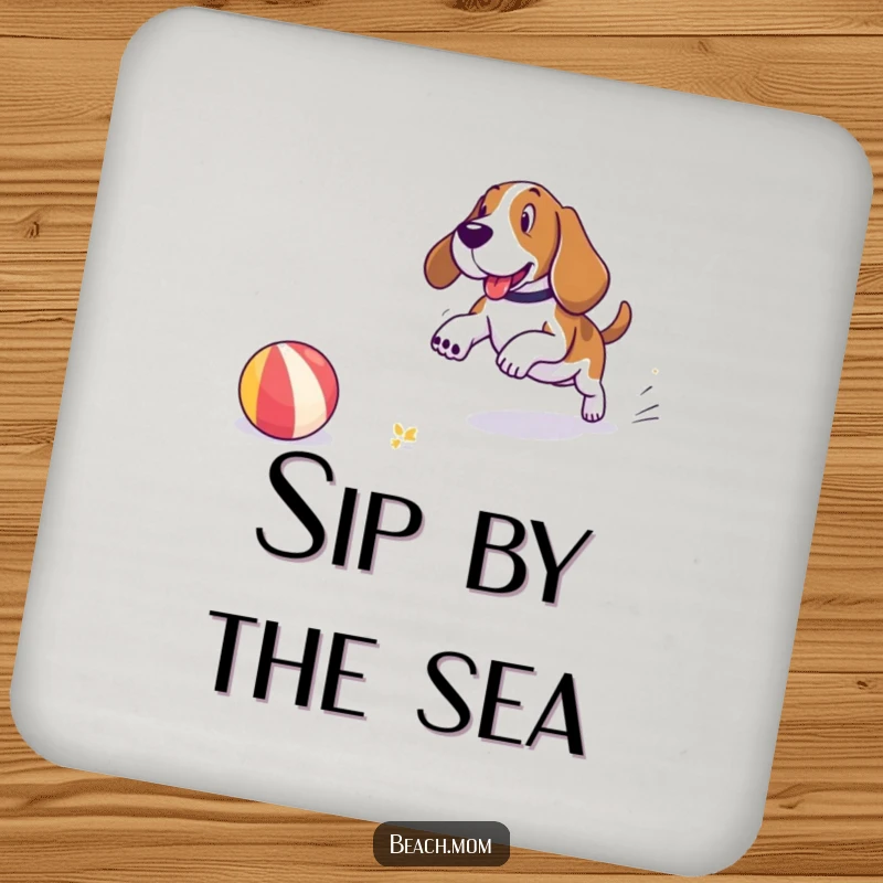 Funny Basset Hound coaster art featuring a dog playfully chasing a beach ball on the shore, adding a touch of beachy fun.