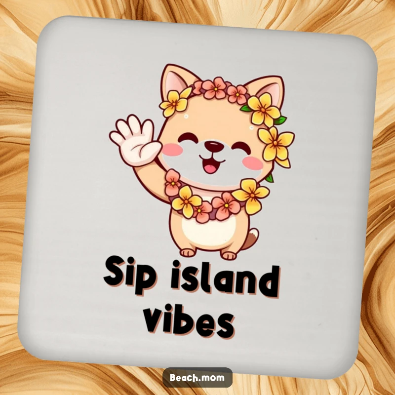 Funny animal character wearing a flower lei, waving a friendly greeting, perfect for drink coasters.