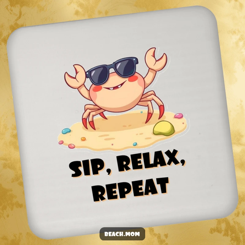 Funny crab drink coaster featuring a sunglasses-wearing crab scuttling on colorful sand, protecting surfaces with style.
