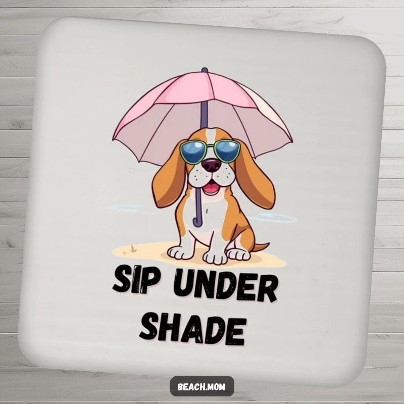 Funny Basset Hound coaster featuring a dog under a tiny umbrella, enjoying the beach breeze, adding relaxation to drinks.