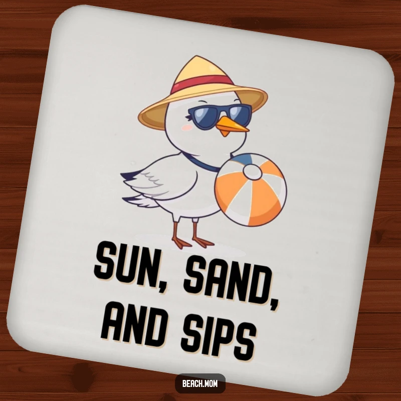 Funny seagull wearing sunglasses and a sun hat, holding a beach ball, on a set of drink coasters.