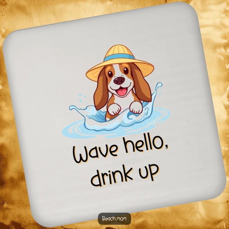 Funny Basset Hound coasters featuring a dog in a sun hat joyfully splashing in a tiny wave, protecting surfaces with canine charm.