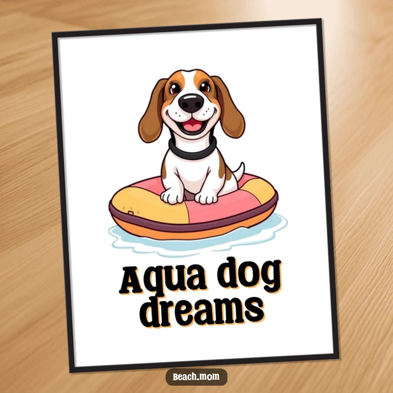 Funny Basset Hound poster of a dog with a goofy grin on a tiny inflatable raft, capturing a funny water adventure.
