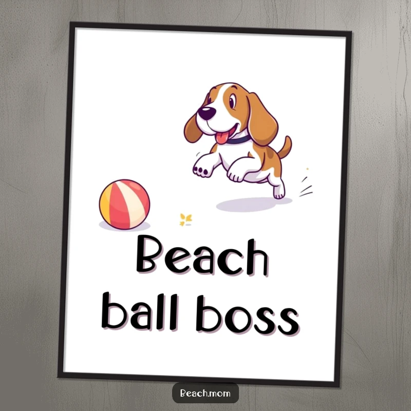 Funny Basset Hound poster art of a dog joyfully chasing a beach ball on the shore, radiating happiness and seaside fun.