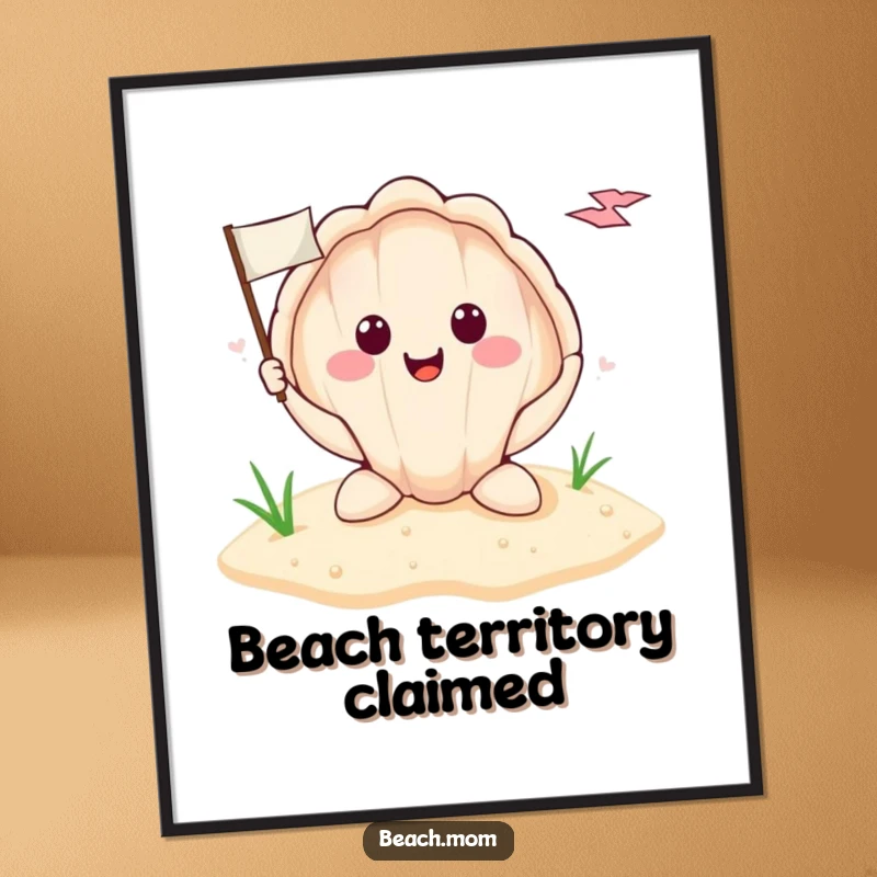 Funny smiling seashell holding a tiny flag planted in the sand, presented as a vibrant wall poster, capturing a moment of beach whimsy.