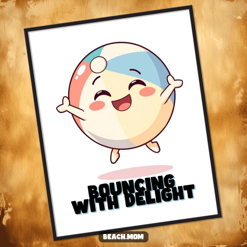 Funny beach ball character poster, captured bouncing with an infectious grin, bringing energetic summer vibes to any space.