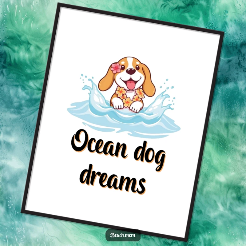 Funny Basset hound poster of a dog with a lei joyfully splashing in ocean waves, bringing seaside cheer to any room.
